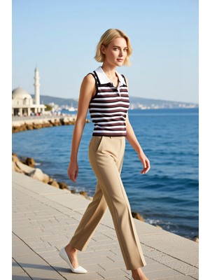 Benerly Kadın Bluz Gömlek Yaka Kolsuz Crop Fitted Triko Ince Renk Bloklu Yazlık Günlük Dokuma Tek Plaka