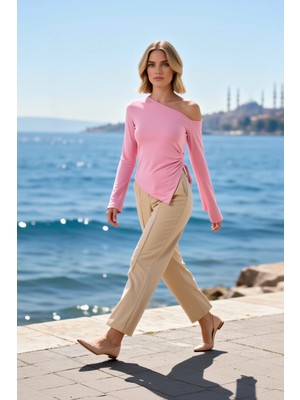 Benerly Kadın Bluz Açık Omuz Asimetrik Yaka Uzun Ispanyol Kol Fitted Örme Ribana Büzgü Detaylı Kesim