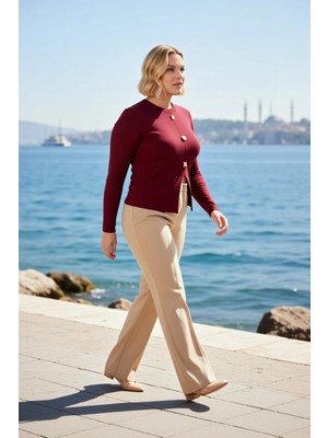 Benerly Kadın Büyük Beden Bluz Bisiklet Yaka Uzun Kol Fitilli Örme Düğme Detaylı Düz Regular Kalıp Ön