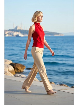 Benerly Kadın Bluz Fitted Boyundan Bağlamalı Kolsuz Örme Kumaş Paper Touch Büzgü Detaylı Vücuda Oturan Kesim