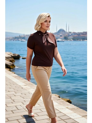 Benerly Kadın Bluz Polo Yaka Kısa Kol Düz Desen Çıkarılabilir Fularlı Ince Tek Plaka Dokuma Triko Regular