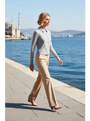 Benerly Kadın Bluz Polo Yaka Uzun Kol Fitted Vücuda Oturan Örme Ribana Düz Düğme Kapamalı Şık