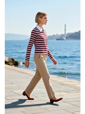 Benerly Kadın Bluz Polo Yaka Uzun Kol Fitted Kalıp Çizgili Desen Düğmeli Esnek Fitilli Kaşkorse Örme Kumaş