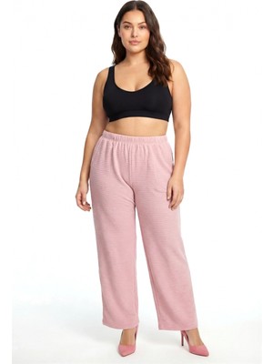 MiraLive Miray- Kadın Pudra Pembe Dokulu Büyük Beden Cepli Pijama Altı