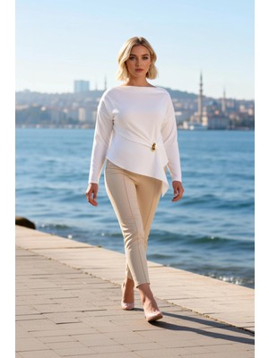 Benerly Kadın Büyük Beden Bluz Asimetrik Yaka Uzun Düşük Kol Dokuma Kumaş Relaxed Kalıp Düz Desen Şık