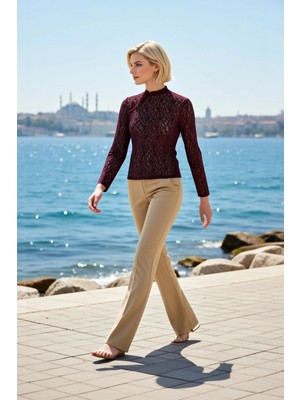 Benerly Kadın Büyük Beden Bluz Crop Dik Yaka Düğme Detaylı Uzun Kol Dantel Desenli Örme Kumaş Fitted Kalıp