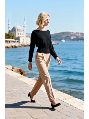 Benerly Kadın Örme Bluz Kayık Yaka Uzun Kol Fitted Kalıp Peplum Bel Detaylı Yumuşak Dokulu Estetik