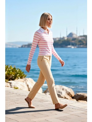 Benerly Kadın Bluz Polo Yaka Uzun Kol Örme Çizgili Vücuda Oturan Kesim Yumuşak Dokulu Kış Sezonu Şık