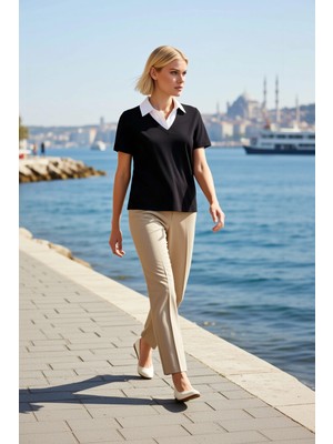 Benerly Kadın Büyük Beden Bluz Gömlek Yaka Detaylı V Kısa Kol Penye Süprem Örme Kumaş Dar Kalıp