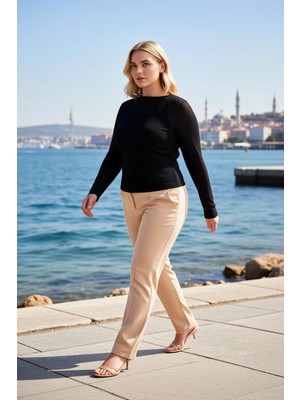 Benerly Kadın Büyük Beden Bluz Bisiklet Yaka Uzun Kol Ekose Kareli Desen Çift Kat Örme Köpük Dokuma