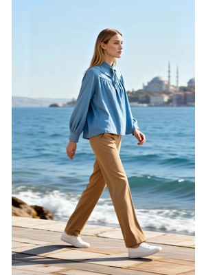 Benerly Kadın Bluz Relaxed Fit Yaka Uzun Kol Denim Kumaş Bağlama Detaylı Düz Desen Casual Ortam