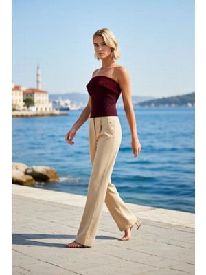 Benerly Kadın Bluz Straplez Yaka Kolsuz Örme Kumaş Kürk Detaylı Fitted Kalıp Düz Desen Uzunluk Regular