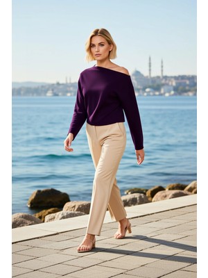 Benerly Kadın Bluz Dar Kalıp Kayık Yaka Düşük Kol Uzun Krep Dokuma Kumaş Düz Desen Casual Ortam Şık