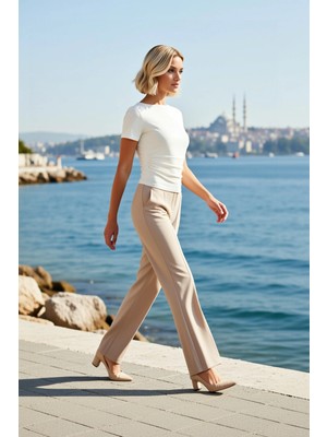 Benerly Kadın Büyük Beden Bluz Bisiklet Yaka Kısa Kol Örme Ribana Yan Büzgülü Fitted Kalıp Estetik