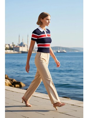 Benerly Kadın Bluz Polo Yaka Kısa Kol Triko Ince Fitilli Desenli Fitted Kesim Regular Boy Günlük Kullanım