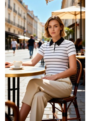 Benerly Kadın Bluz Polo Yaka Kısa Kol Triko Ince Fitilli Desenli Fitted Kesim Regular Boy Günlük Kullanım