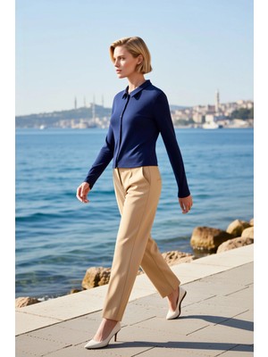 Benerly Kadın Bluz Polo Yaka Uzun Kol Fitted Vücuda Oturan Örme Ribana Düz Düğme Kapamalı Şık