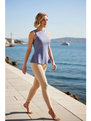 Benerly Kadın Örme Bluz Bisiklet Yaka Kolsuz Fırçalı Scuba Dokuma Yırtmaçlı Regular Kalıp Kaliteli