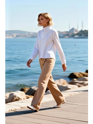 Benerly Kadın Bluz Şal Yaka Uzun Kol Çizgili Dokuma Kumaş Regular Kalıp Casual Günlük Stil Estetik