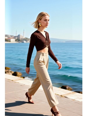 Benerly Kadın Bluz Crop V Yaka Uzun Kol Fitted Kalıp Örme Kumaş Düz Desen Sandy Dokuma Regular Kesim