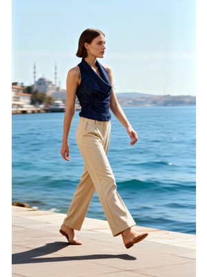 Benerly Kadın Bluz Degaje Yaka Kolsuz Örme Saçaklı Payet Detaylı Fitted Kalıp Düz Desen Regular Boy