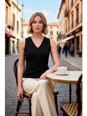 Benerly Kadın Bluz V Yaka Kolsuz Peplum Interlok Örme Düz Desen Regular Kalıp Gündüz Gece Kullanım