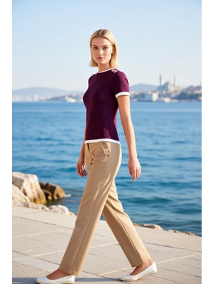 Benerly Kadın Bluz Fitted Bisiklet Yaka Kısa Kol Örme Düğmeli Omuz Detaylı Ribana Kumaş Regular Boy