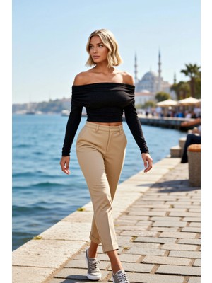 Benerly Kadın Bluz Carmen Yaka Uzun Kol Fitted Kalıp Simli Örme Kumaş Düz Desen Regular Boy Parti Ortam