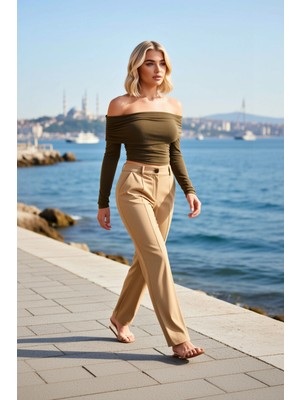 Benerly Kadın Bluz Carmen Yaka Uzun Kol Fitted Kalıp Simli Örme Kumaş Düz Desen Regular Boy Parti Ortam