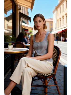 Benerly Kadın Bluz Crop Kare Yaka Kolsuz Fitted Kaşkorse Örme Çıtçıt Detaylı Düz Desenli Esnek Şık