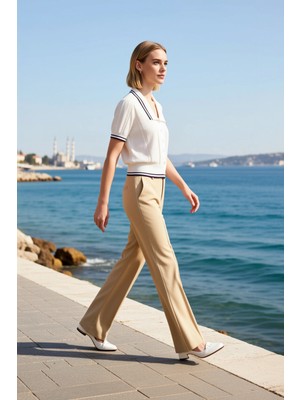 Benerly Kadın Bluz Triko Polo Yaka Kısa Kol Düğmeli Ajurlu Desenli Regular Kalıp Ilkbahar Sonbahar