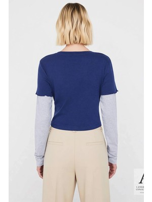 Benerly Kadın Bluz Bisiklet Yaka Fitted Kalıp Örme Ribana Kumaş Çift Katmanlı Kol Detaylı Şık