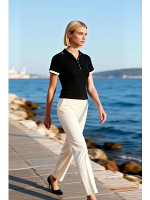 Benerly Kadın Bluz Polo Yaka Kısa Kol Fitted Fitilli Örme Biyeli Esnek Kaşkorse Vücuda Oturan