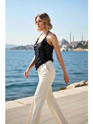 Benerly Kadın Bluz Payetli V Yaka Askılı Kolsuz Asimetrik Kesim Fitted Örme Regular Boy Fonksiyonel