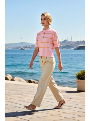 Benerly Kadın Bluz Polo Yaka Üç Düğmeli Kısa Kol Çizgili Ince Triko Regular Kalıp Tek Plaka Dokuma Üst Giyim