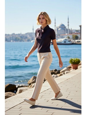 Benerly Kadın Bluz Düğmeli Yaka Kısa Kol Triko Kumaş Regular Kalıp Standart Kesim Ilkbahar Sonbahar Günlük