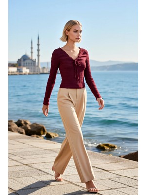 Benerly Kadın Bluz Vücuda Oturan V Yaka Uzun Kol Bağlama Detaylı Örme Dokulu Esnek Kumaş Gofre Desen