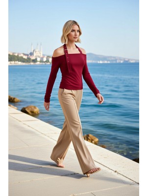 Benerly Kadın Bluz Carmen Yaka Boyundan Kemer Detaylı Düşük Omuz Uzun Kol Fitted Örme Ribana