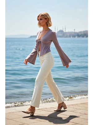 Benerly Kadın Bluz Fitted V Yaka Uzun Kol Ispanyol Örme Bağlama Detaylı Crop Asimetrik Kesim Rahat