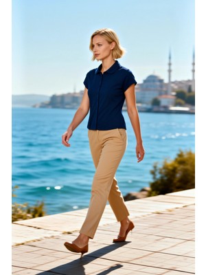 Benerly Kadın Örme Bluz Bebe Yaka Kısa Kol Düğmeli Esnek Düz Desen Vücuda Oturan Tam Düğme Kapamalı Penye