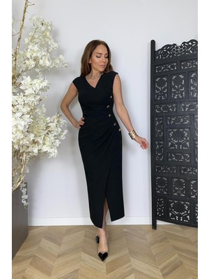 G1742 Düğme Detaylı Kalem Elbise Siyah