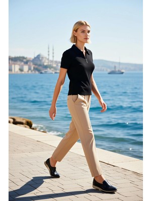 Benerly Kadın Büyük Beden Bluz Fermuarlı Polo Yaka Kaşkorse Örme Fitted Kalıp Kısa Kol Standart Boy