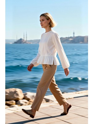 Benerly Kadın Bluz Etek Bisiklet Yaka Uzun Kol Lastikli Manşetli Dokuma Crinkle Kumaş Ön Pilise Detaylı