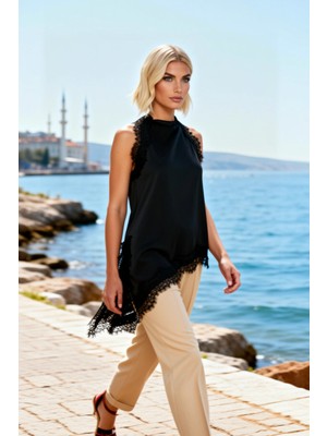 Benerly Kadın Bluz Degaje Yaka Kolsuz Asimetrik Kesim Saten Dokuma Relaxed Kalıp Uzun Boy Düz Desen