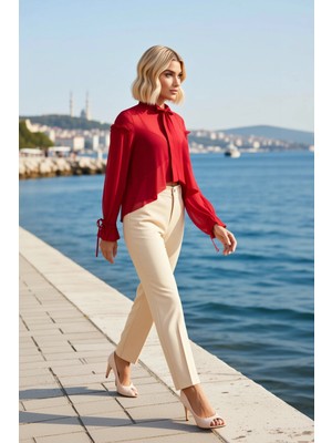 Benerly Kadın Bluz Fular Yaka Uzun Düşük Kol Şifon Transparan Önü Kısa Regular Kalıp Dokuma Modern