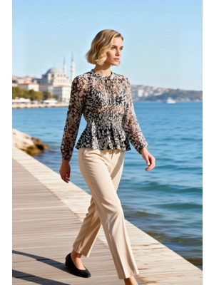 Benerly Kadın Bluz Dokuma Dik Yaka Reglan Kol Uzun Gipeli Bel Soyut Desenli Şifon Transparan Rahat