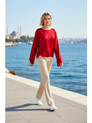 Benerly Kadın Bluz Rahat Kalıp Bisiklet Yaka Düşük Uzun Kol Saten Dokuma Arka Yakası Bağlama Detaylı