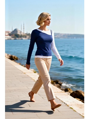 Benerly Kadın Bluz Ikili Görünümlü Ribana Örme Bisiklet Yaka Uzun Kol Renk Bloklu Regular Kalıp