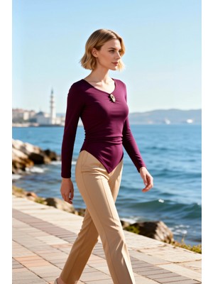 Benerly Kadın Örme Bluz V Yaka Uzun Kol Asimetrik Kesim Crop Boy Sandy Dokuma Esnek Yapı Dayanıklı