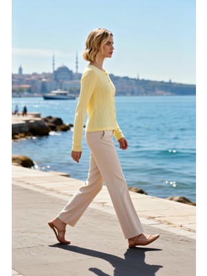 Benerly Kadın Bluz Bisiklet Yaka Uzun Kol Fitted Örme Düz Düğmeli Regular Boy Pointel Dokuma